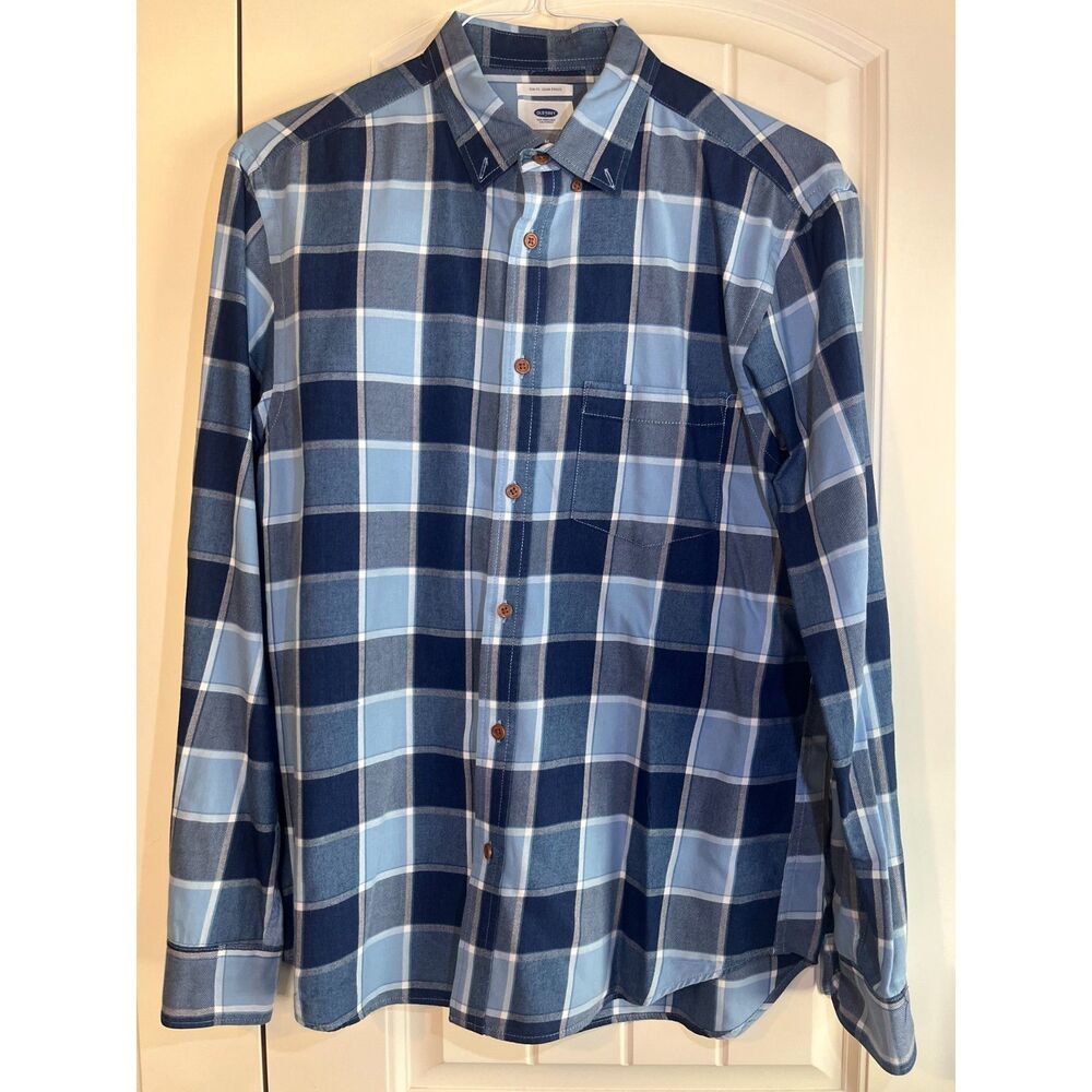 Old Navy Men's Slim Fit Plaid Button Down Shirt Medium Blue Navy Long Sleeve